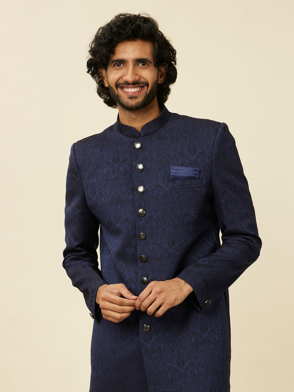 alt message - Manyavar Men Dark Blue Medallion Patterned Achkan Style Sherwani Set image number 0